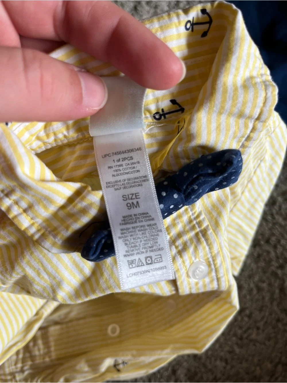 Little Me boys baby clothes 2-piece outfit striped onesie yellow anchors blue 9M